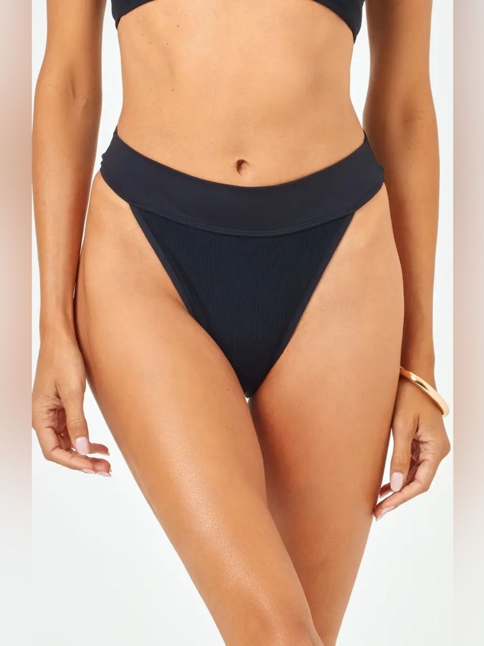 L Space Lola Bitsy Cut High-Waist Black Ribbed Bikini Bottom Summer Classic